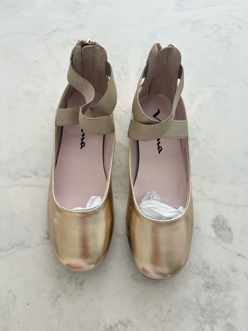 Nina Girls Gold Ballet Flats with Pink Insole and Ankle Straps